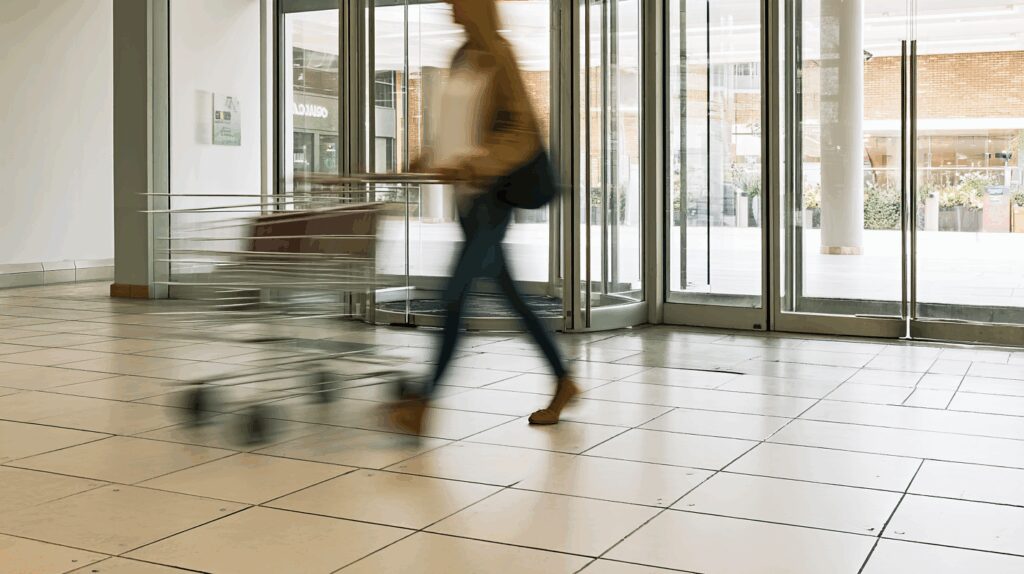 Retail and shopping centre slip testing – polished tiled entry floor with natural light.