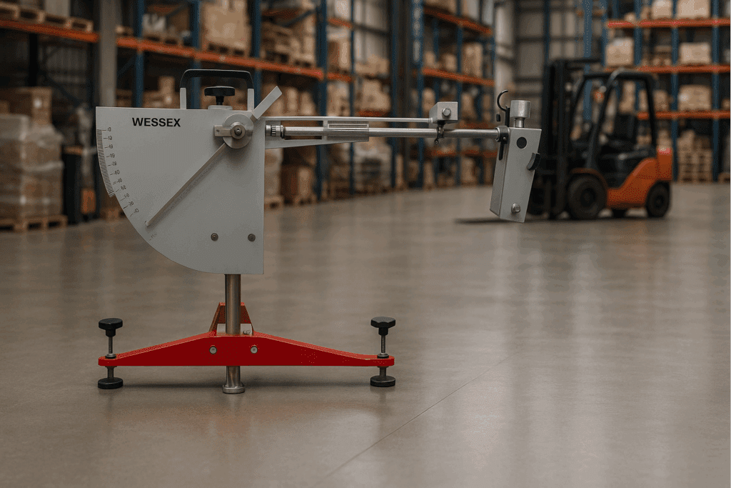 A Wessex pendulum tester positioned on a textured concrete or resin floor in an industrial warehouse