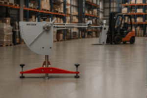 A Wessex pendulum tester positioned on a textured concrete or resin floor in an industrial warehouse