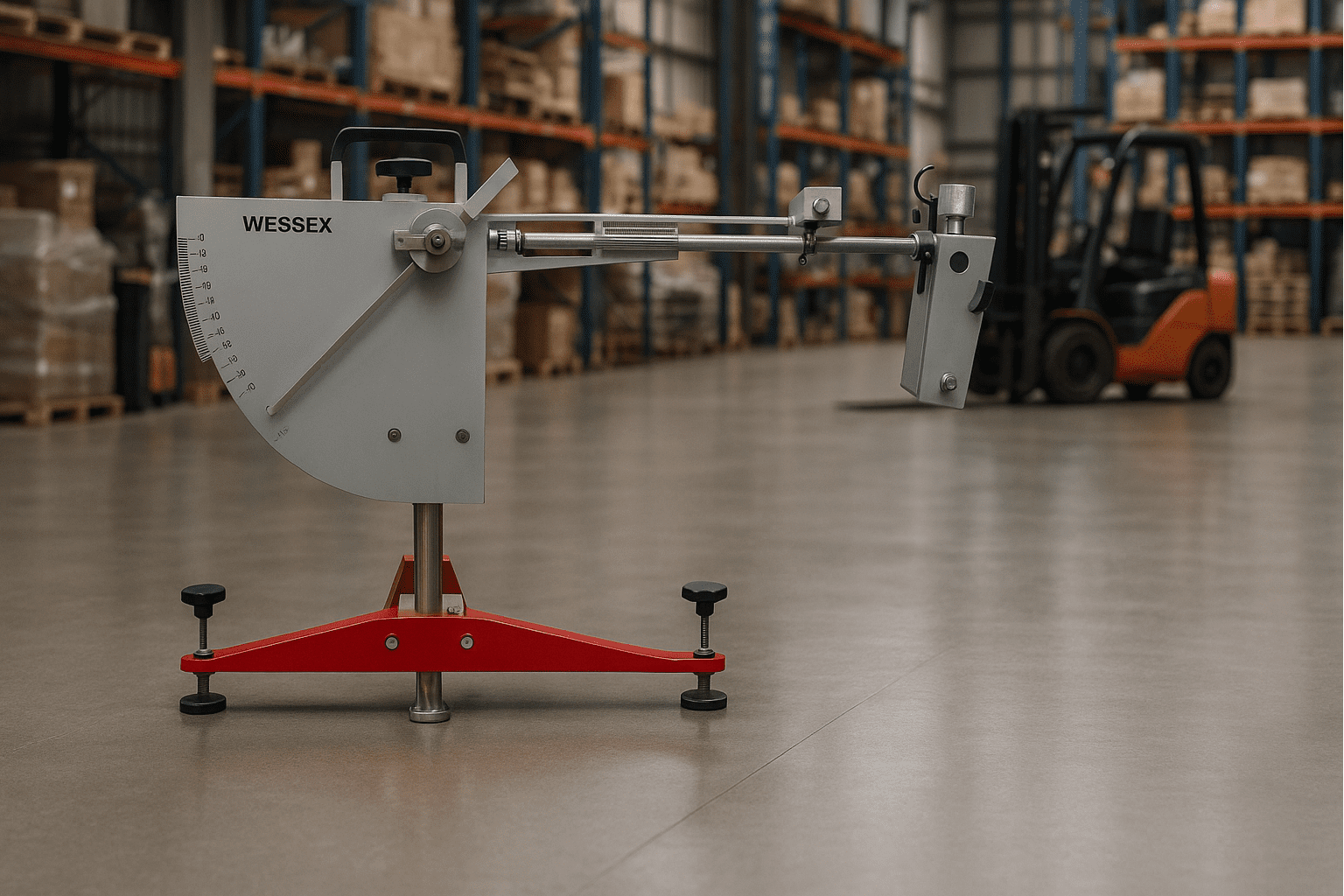 A Wessex pendulum tester positioned on a textured concrete or resin floor in an industrial warehouse