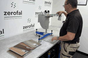 A clean, organised layout of multiple tile samples in different colours and finishes beside a Wessex pendulum tester