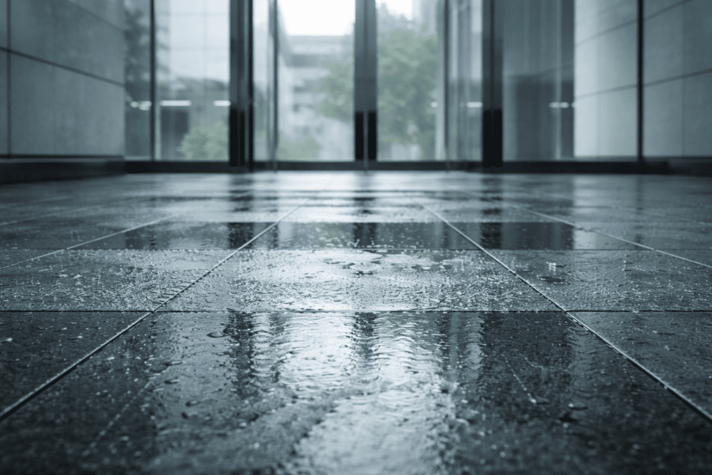 Wet commercial building entry during rainy weather illustrating increased slip risk before winter conditions