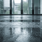 Wet commercial building entry during rainy weather illustrating increased slip risk before winter conditions