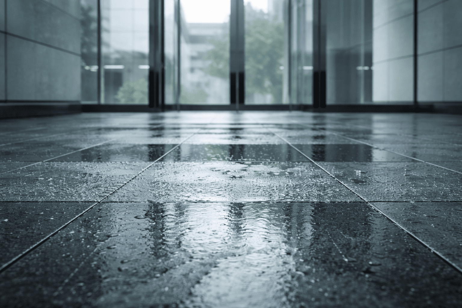 Wet commercial building entry during rainy weather illustrating increased slip risk before winter conditions