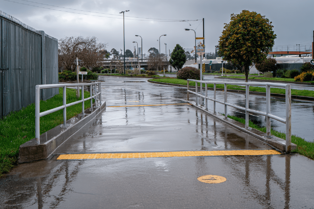 Wet concrete public footpath and access ramp during rainfall showing increased slip risk in municipal setting