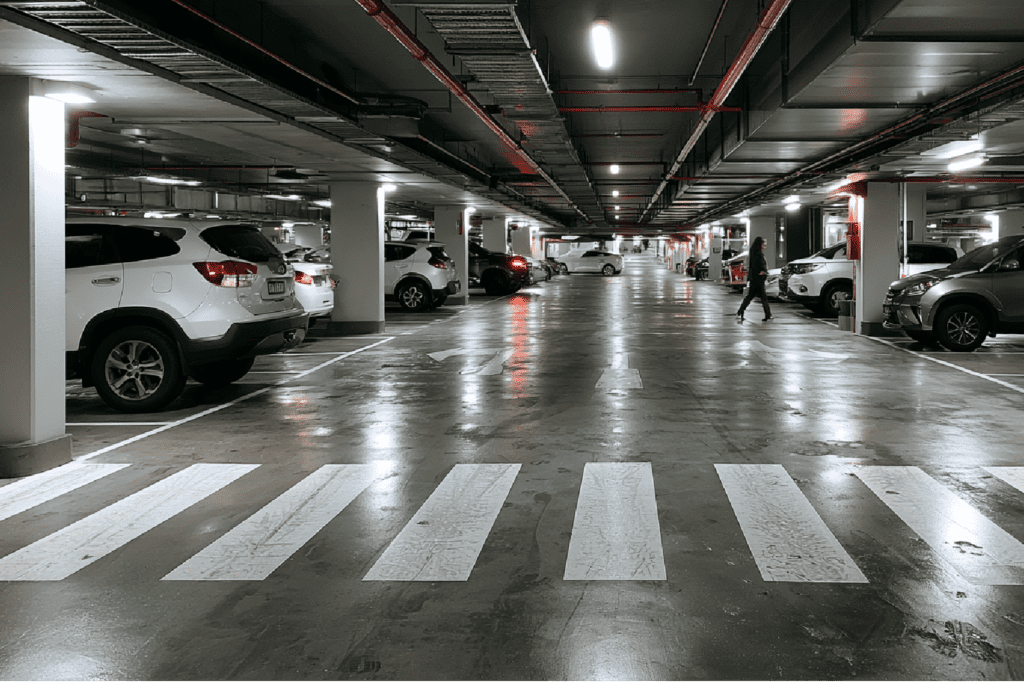 Car Parks: The Overlooked Slip Risk in Commercial Properties 1 Underground shopping centre car park showing pedestrian crossing and damp floor conditions highlighting slip risk