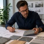 Architect reviewing flooring material samples and construction drawings to assess slip resistance before installation