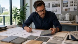 AS 4586-2013 Explained: Understanding P and D Ratings 3 Architect reviewing flooring material samples and construction drawings to assess slip resistance before installation