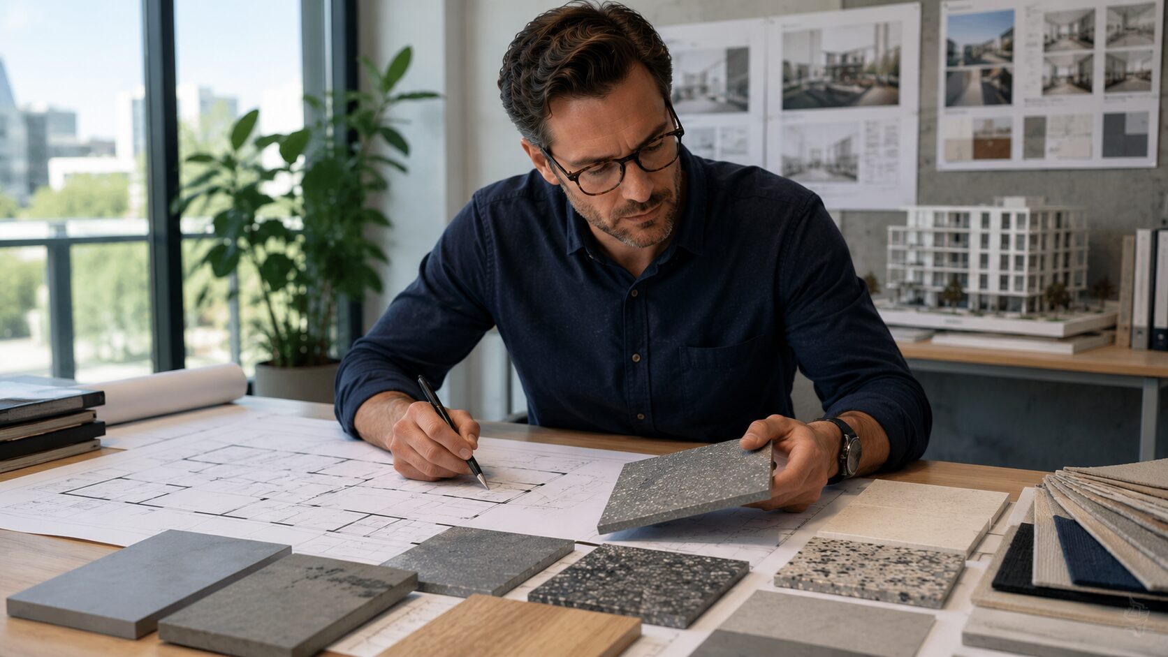 Architect reviewing flooring material samples and construction drawings to assess slip resistance before installation