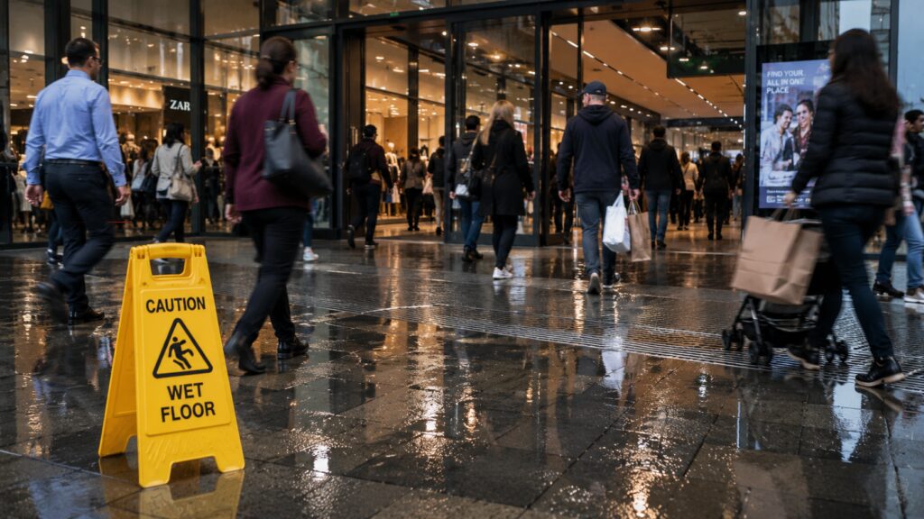 Managing Slip Risk Across Shopping Centre Portfolios 3 Shopping centre entrance with wet floor conditions and high pedestrian traffic highlighting slip risk in public environments