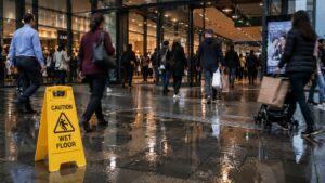 AS 4586-2013 Explained: Understanding P and D Ratings 2 Shopping centre entrance with wet floor conditions and high pedestrian traffic highlighting slip risk in public environments