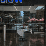 Australian commercial building entrance on a rainy winter day