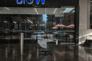 Australian commercial building entrance on a rainy winter day